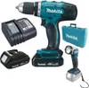 A collection of Makita power tools and accessories, including a drill, flashlight, batteries, and charger, arranged on a white background. Produktbild-Vorschau