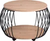 A round coffee table with a wooden top and bottom shelf, supported by a black metal wire frame. The table has wheels. Produktbild-Vorschau
