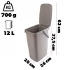 A gray plastic trash can with its lid open, shown with dimensions and weight information. Produktbild-Vorschau