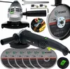 A collage of an angle grinder, its accessories, and cutting discs. Náhled obrázku produktu