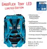 The image shows the back of a blue backpack with colorful star patterns, along with descriptive text and logos. Náhled obrázku produktu
