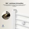 Close-up of a white towel radiator with text overlay describing its features and a small inset image showing a welding process. Voir les images du produit