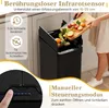 A person is shown using a touchless trash can, with a cutting board full of vegetables being emptied into it. The image also highlights product features with text and icons. Podgląd zdjęcia produktu