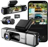 A collage of a dashcam system, including the main unit, a rear camera, an SD card, and a smartphone displaying the dashcam interface. Produktbild-Vorschau
