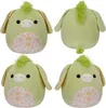 A collage of four images showing a green plush toy from different angles. Produktbild-Vorschau