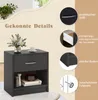 A dark gray nightstand with a drawer and an open shelf, shown with decorative items and a plant in the background. The image also includes close-up circular insets highlighting product features with German text labels. Podgląd zdjęcia produktu