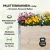 A raised garden bed filled with colorful flowers, with text overlays describing its features. Produktbild-Vorschau