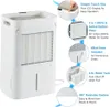A white dehumidifier with various features highlighted by callout circles and text. Anteprima dell’immagine prodotto