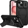 A black iPhone case with a magnetic ring and a kickstand is shown from multiple angles. Produktbild-Vorschau