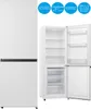 A white refrigerator with its doors open, displaying its interior shelves and drawers. Text overlays provide product specifications. Produktbild-Vorschau