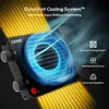 A close-up marketing image of a camera light, highlighting its cooling system with blue swirling graphics and yellow light beams emanating from the background. Produktbild-Vorschau