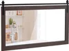 A rectangular mirror with a dark brown wooden frame and a black metal sliding barn door hardware is shown against a white background. The mirror reflects a bathroom scene with shelves, a plant, and a showerhead. Podgląd zdjęcia produktu