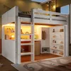 A child's loft bed with integrated desk, wardrobe, and shelving, illuminated by LED lights. Anteprima dell’immagine prodotto