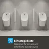 Three white urinals mounted on a tiled wall, with a dark grey overlay at the bottom containing text and an icon. Produktbild-Vorschau