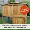 A wooden rabbit hutch with a green floor and wire mesh, set in a garden. Produktbild-Vorschau