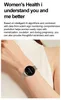 A woman's arm wearing a smartwatch, with text describing women's health features. Produktbild-Vorschau