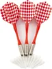 Three red and white checkered darts are arranged in a fan shape on a white background, with a pile of white dart tips at the bottom. Náhľad obrázku produktu