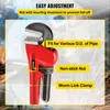 A close-up marketing image of a red pipe wrench with yellow callouts highlighting its features. Podgląd zdjęcia produktu