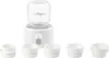 A white baby bottle warmer with a clear top and a digital display showing '37'. Several white bottle adapters are arranged in front of it. Produktbild-Vorschau