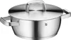 A stainless steel pot with a lid and handles, shown from a front-side angle on a white background. Produktbild-Vorschau
