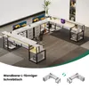 A large L-shaped desk setup in an office environment, with multiple monitors, drawers, and shelving units. A smaller diagram shows the desk in two different configurations. Produktbild-Vorschau