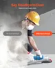 A split image showing a construction worker wearing a hard hat and mask, demonstrating the difference between using a grinder with and without a dust shroud. The left side shows a lot of dust, while the right side shows a clean workspace. Voir les images du produit