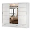 A white sliding door wardrobe with a mirrored center panel, reflecting a bedroom interior. Produktbild-Vorschau