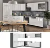 A modern, high-gloss white kitchen with a wooden dining table and chairs. Produktbild-Vorschau