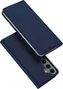 A dark blue flip-style phone case is shown against a white background. The case is open, revealing the inside and the phone it protects. The camera module of the phone is visible. Produktbild-Vorschau
