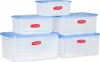 A set of five clear plastic food storage containers with blue lids, stacked in a pyramid formation. Náhled obrázku produktu