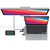 A top-down view of a MacBook Air/Pro connected to a monitor and a smartphone via a USB-C hub. Produktbild-Vorschau