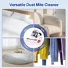 A collage of four images showing a vacuum cleaner being used on a bed, sofa, carpet, and fabric items, with a central image of the vacuum cleaner. Produktbild-Vorschau