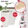 A marketing image showcasing two white ceramic planters with a plant in one, along with product dimensions and feature callouts. Náhľad obrázku produktu