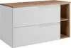 A modern white and brown bathroom vanity with two drawers and an open side shelf. Anteprima dell’immagine prodotto