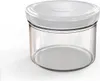 A clear studio shot of an empty glass jar with a white lid. Voir les images du produit