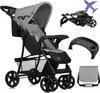 A collage of a baby stroller and its accessories, including a tray and a bag, with a small graphic of an airplane. Podgląd zdjęcia produktu