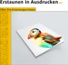 A colorful abstract illustration of a puffin on a white sheet of paper, with text overlays. Produktbild-Vorschau