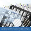 An illustration showing a HEPA filter in action, capturing various particles like kitchen waste, crumbs, fine particles, hair, pet snacks, and dust. Close-ups of a clean and a dirty filter are shown. Produktbild-Vorschau