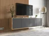 A modern media console with a TV mounted above it, set against a slatted wooden wall. Produktbild-Vorschau