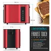 A red toaster with a control panel and dimensions shown, alongside a picture of toast with spread. Náhled obrázku produktu
