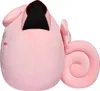 A side view of a pink plush toy with black ears and a curled tail. Voir les images du produit