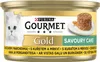 A can of Gourmet Gold cat food with a picture of a white cat and a serving of the food. Podgląd zdjęcia produktu
