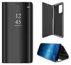 A collage of images showing a black flip phone case with a clear view front cover, displaying the time and date. Another image shows the case open, revealing the inside. A third image shows the phone inside the case, propped open. Produktbild-Vorschau