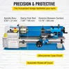 A blue and white mini metal lathe with text overlays describing its features and specifications. Produktbild-Vorschau