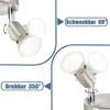 A collage of images showing a modern LED ceiling spotlight with two adjustable heads, highlighting its swivel and rotation features. Produktbild-Vorschau