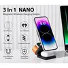 A 3-in-1 magnetic wireless charging station is displayed, with icons and text highlighting its features and compatibility with iPhones, AirPods, and watches. A smartphone, Apple Watch, and AirPods are shown on the charger. Produktbild-Vorschau
