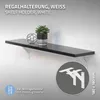A black shelf is mounted on a light gray wall with white shelf brackets. Decorative items are on the shelf, and a close-up of the shelf brackets is shown in a circle. Produktbild-Vorschau