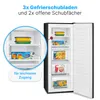 An open refrigerator with food items inside, with a close-up inset view of some shelves. Produktbild-Vorschau