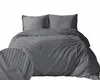 A dark gray satin bedding set with vertical stripes, including a duvet cover and two pillowcases, displayed on a white background. Produktbild-Vorschau