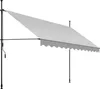 A light gray awning with a scalloped edge is extended from a black metal frame, supported by two vertical poles. A crank handle is visible on the left pole. Náhled obrázku produktu